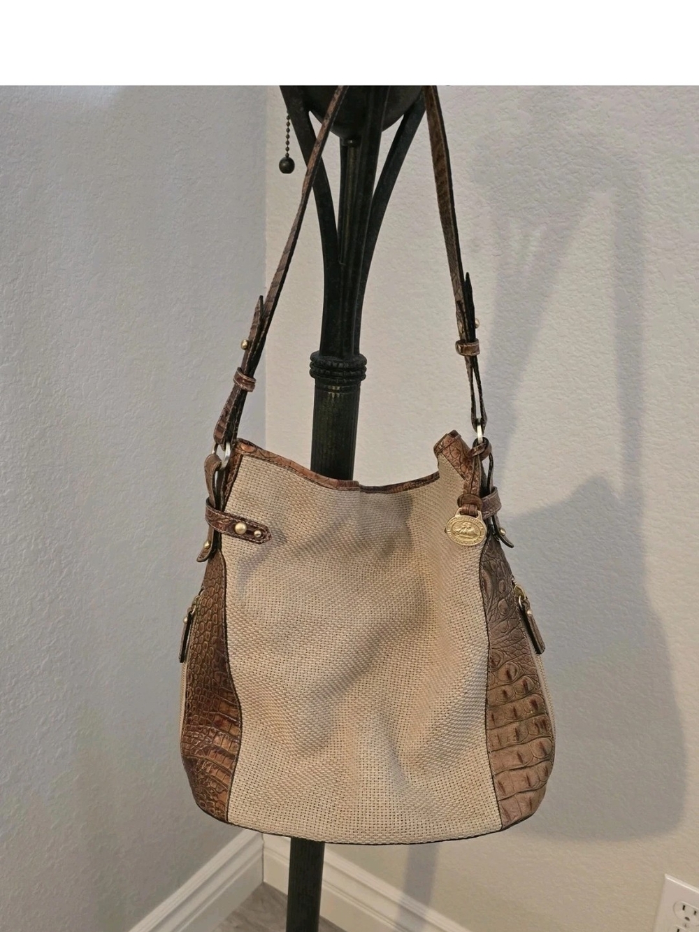 Vintage Brahmin Y2K Brown Croc Embossed Leather & Canvas Shoulder Hobo Bag